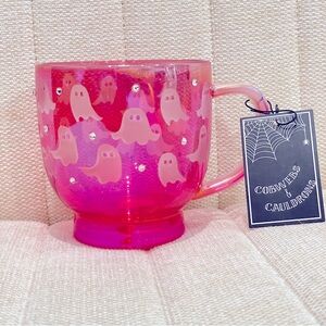 NEW Halloween Viral Pink Clear Glass Ghost Mug Rhinestones‎ Cobwebs & Cauldron